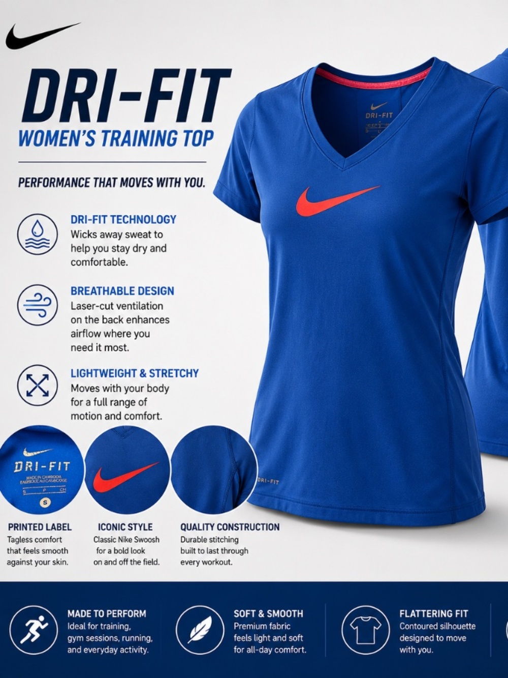 Nike Dri-FIT Blue Athletic Training Tee Size Small
